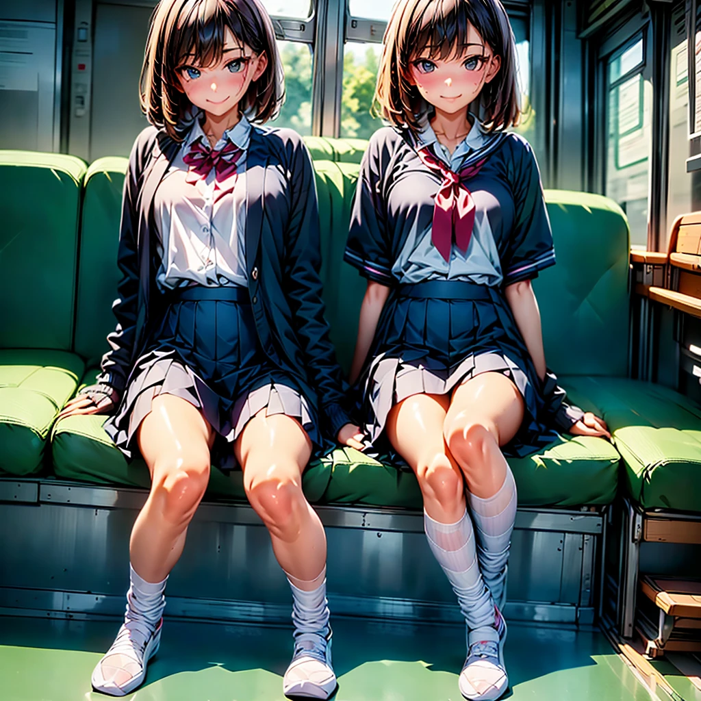 on the train、Full body shot、High school girls、Black medium hair、Short sleeved white shirt、Ribbon tie、Checked it with your legs crossed on the seat
