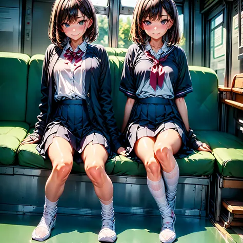 on the train、full body shot、high school girls、black medium hair、short sleeved white shirt、ribbon tie、checked it with your legs c...