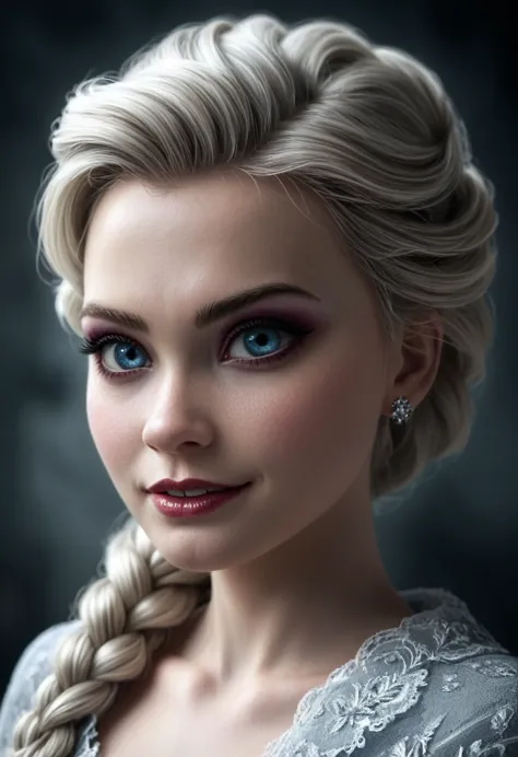 a goth elsa vampire with visible fangs, detailed and realistic, dramatic lighting, dark fantasy, cinematic, moody colors, highly...