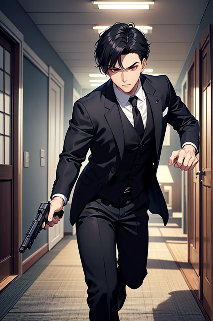 A dynamic pose of running into a room with a gun in one hand。Hold the gun in one hand。Please wear a suit and tie、Black hair, short hair, red eyes。Handsome Westerner, A magnificent and elegant portrait, Art Station Trends, Japanese detective, Black Suit, Highly detailed fan art,Holding a gun。