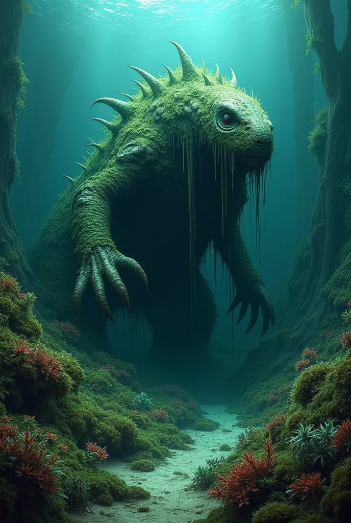 (La best quality,high resolution,Very detailed,Practical),seabed，Abandoned monster，covered in plants，Low light（ （（A masterpiece full of horror elements）））， （（best quality））， （（Intricate details））（8K）