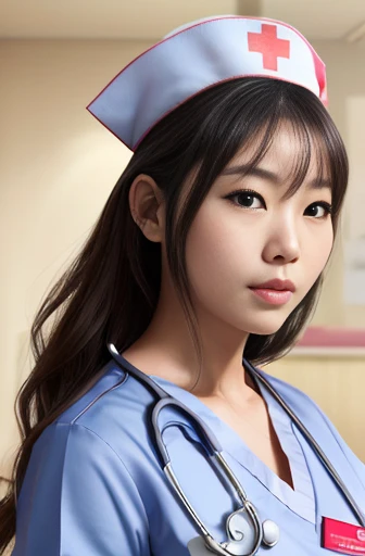 1 Japanese woman, (((see-through nurse:1.3))), long wavy hair:1.3, light, brown hair, diagonal bangs, black eyes, pale skin, thick lips, pretty face:1.2, cute face:1.3, baby face:1.6, Round face:1.4, Droopy eyes:1.4, dwarf, petite, curvy, height 1.45meters, glamorous 40kg, large breast:1.1, living room, 8K, 32K, absurdres, high resolution, Realistic, Photorealistic, Anatomically correct, full body, full shot, pov