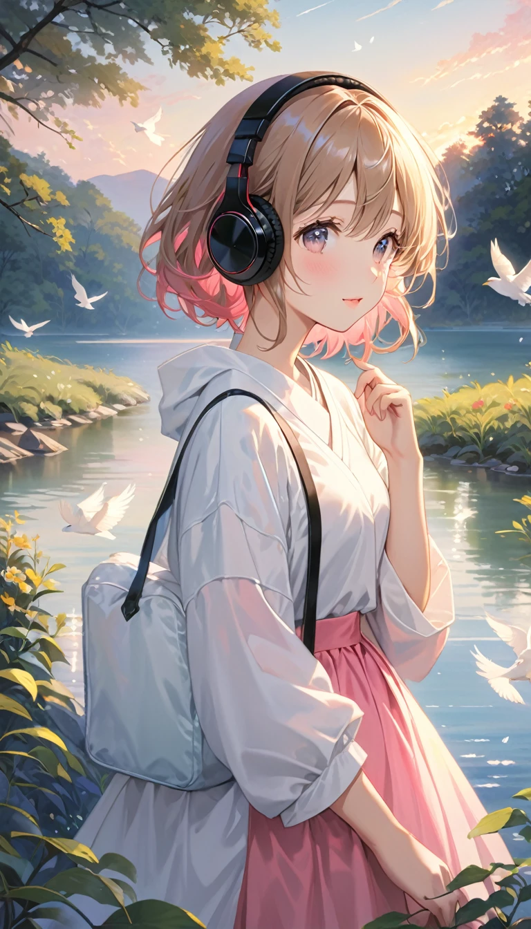 (super masterpiece　Highest quality　High Resolution Ultra HD) Lo-Fi Style、(anime)、(Woman wearing headphones with eyes open)、(Anatomically correct) 、Hair length is short、Her hair color is light brown and pink、Stylishな夏を感じる服、evening、Forest and lakeside、Listening to music、Pet Cats、Mineral water、cute、Stylish、dim、Face zoom up、beautiful、dream-like、Birds are flying