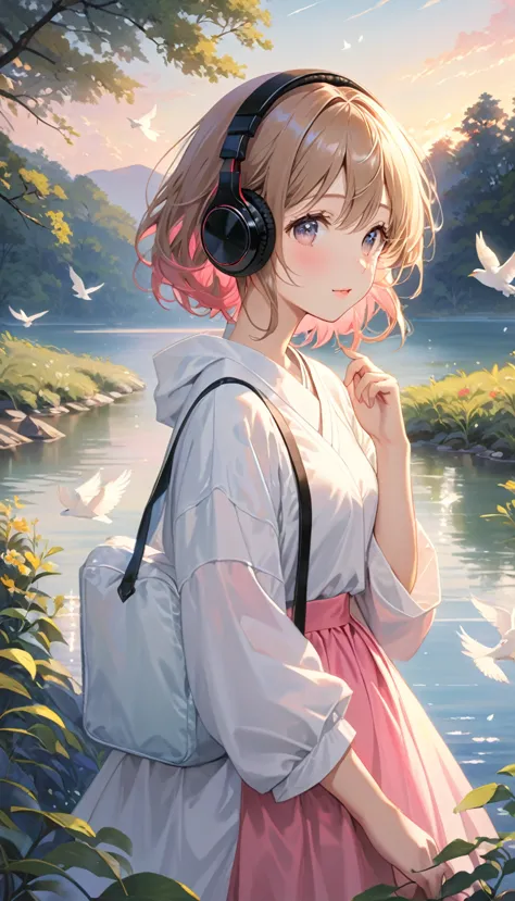 (super masterpiece　highest quality　high resolution ultra hd) lo-fi style、(anime)、(woman wearing headphones with eyes open)、(anat...