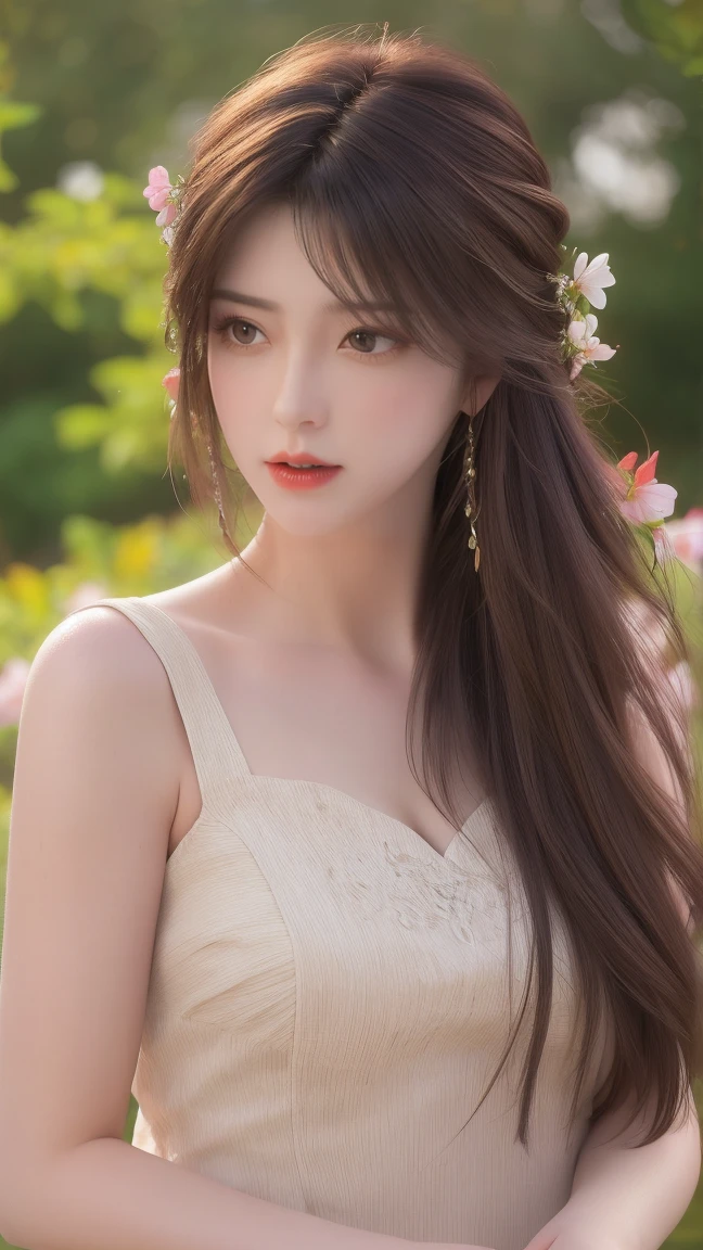 (best quality,ultra-detailed,photorealistic:1.37),vivid colors,studio lighting,beautiful detailed eyes,beautiful detailed lips,extremely detailed eyes and face,long eyelashes,portraits,light brown hair,confident expression,feminine,standing in a garden,soft sunlight,green scenery,flower blossoms,peaceful atmosphere,artistic touch,textured brushstrokes,subtle color variations,brilliant white highlights,delicate movements,graceful pose,slight breeze,rustling leaves,sophisticated style,professional artwork,female beauty.