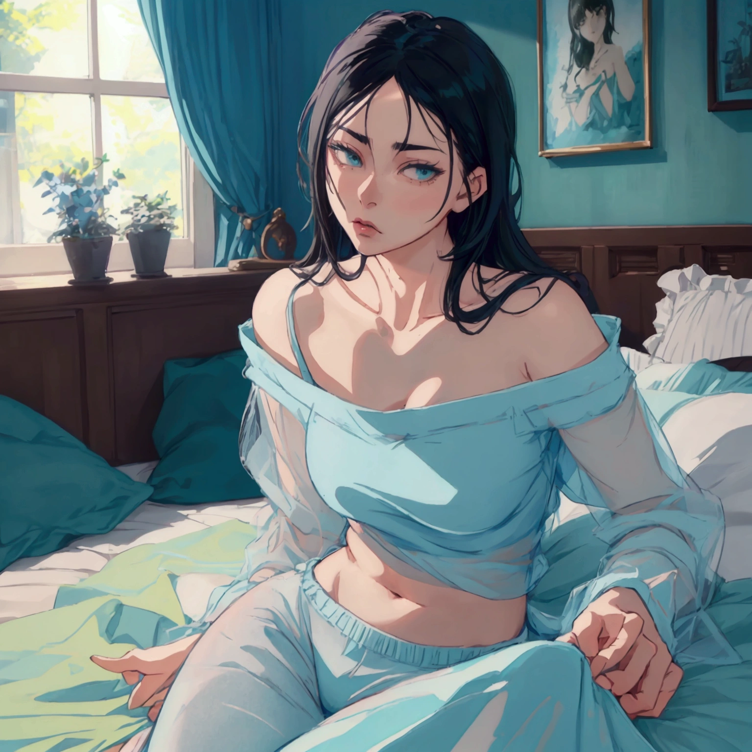 a beautiful girl with mid-length black hair, grey-green eyes, wearing a light blue t-shirt and checkered blue pants, lying on a bed in a room, lost in thought, anime style, (best quality,4k,8k,highres,masterpiece:1.2),ultra-detailed,(,photorealistic,photo-realistic:1.37),beautiful detailed eyes,beautiful detailed lips,extremely detailed eyes and face,longeyelashes,soft lighting,pastel colors (iwaizumi)