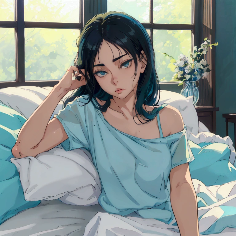 a beautiful girl with mid-length black hair, grey-green eyes, wearing a light blue t-shirt and checkered blue pants, lying on a bed in a room, lost in thought, anime style, (best quality,4k,8k,highres,masterpiece:1.2),ultra-detailed,(,photorealistic,photo-realistic:1.37),beautiful detailed eyes,beautiful detailed lips,extremely detailed eyes and face,longeyelashes,soft lighting,pastel colors (iwaizumi)