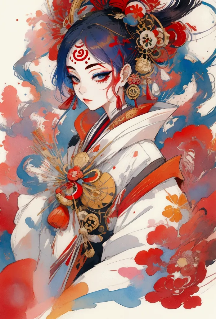 a beautiful modern woman dressed as an oiran, depicted in a watercolor style. the composition focuses on her upper body, showing...