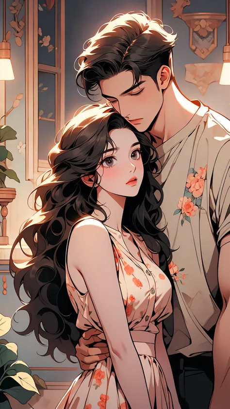 embracing couple in a tender moment, with casual, stylish attire. the woman has long, wavy hair and wears a floral crop top with...