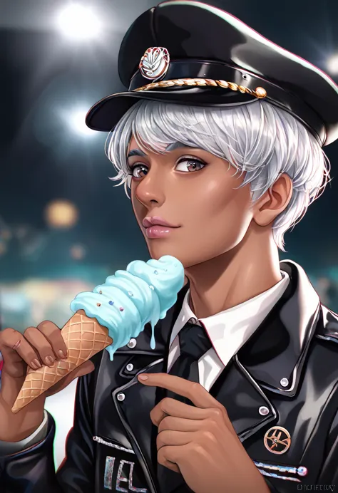 handsome young man wearing a leather jacket, wear a hat, have silver hair, holding ice cream, disheveled silver hair, handsome, ...