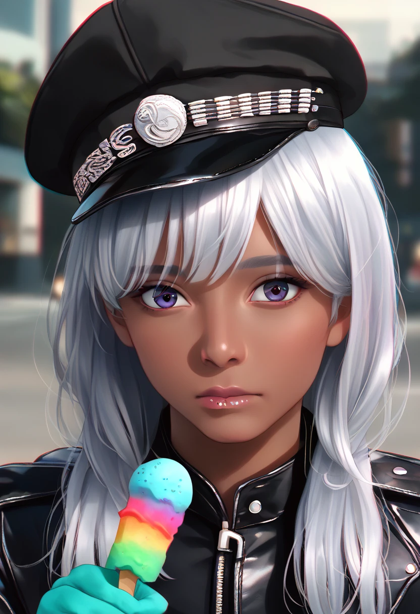 Handsome young man wearing a leather jacket, Wear a hat, Have silver hair, Holding ice cream, Disheveled silver hair, Handsome, (8K, RAW photos, Reality:1.25) ,( Lip Gloss, eyelash, man, Glossy surface, Smooth skin, Dark Skin, Dark Breath, male, best quality, Ultra-high resolution, young man, Depth of Field, Chromatic Aberration, Caustics, Broad lighting, Natural shade,Korean Idol) Looking at the audience with a peaceful and sacred happiness,\",\"width