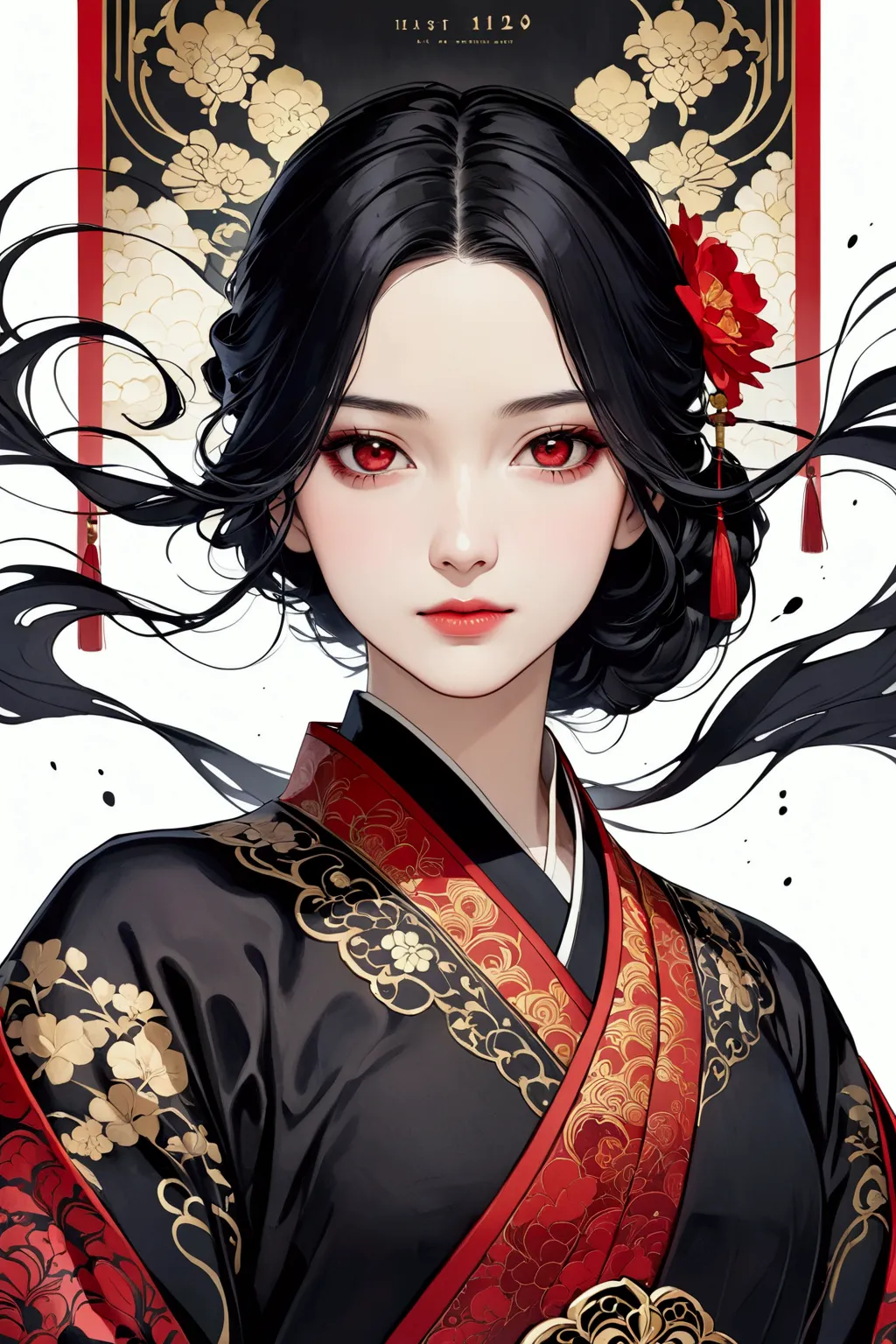 a beautiful detailed woman, 1 girl, handsomecharacter, ink, chinese armor, ((2.5d)), long black hair, floating hair, delicate eyes, black and red antique damask pattern hanfu, fob, (1 1 1.8), (masterpiece), (portrait shot), frontal shot, white background, (movie poster)