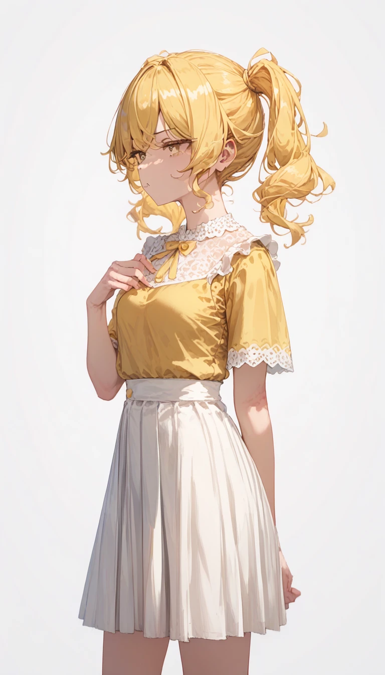 1 girl, solo,At a mature age,Average height,Standing, yellow hair, medium hair,double ponytail,wavy bangs,Yellow eye,Half-closed eye, disinterested eye,expression of disinterest,small breast,Yellow dress with white trim, white skirt,feet out of frame,white background,detailed ,detailed eye.