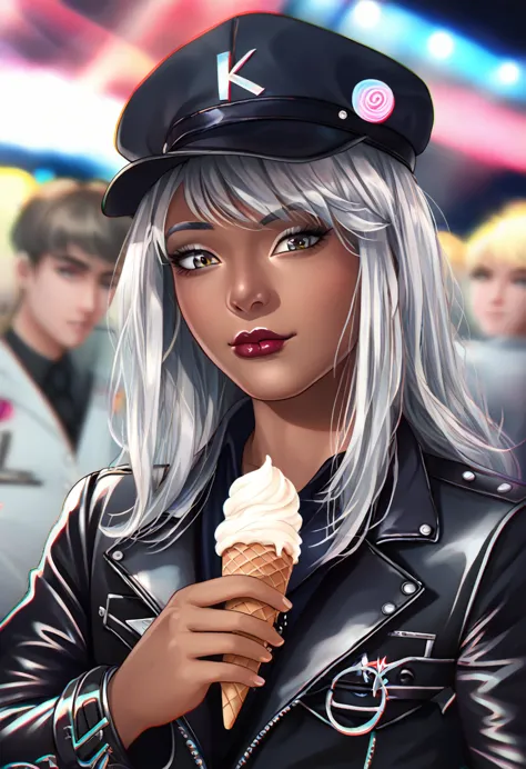 handsome young man wearing a leather jacket, wear a hat, have silver hair, holding ice cream, disheveled silver hair, handsome, ...