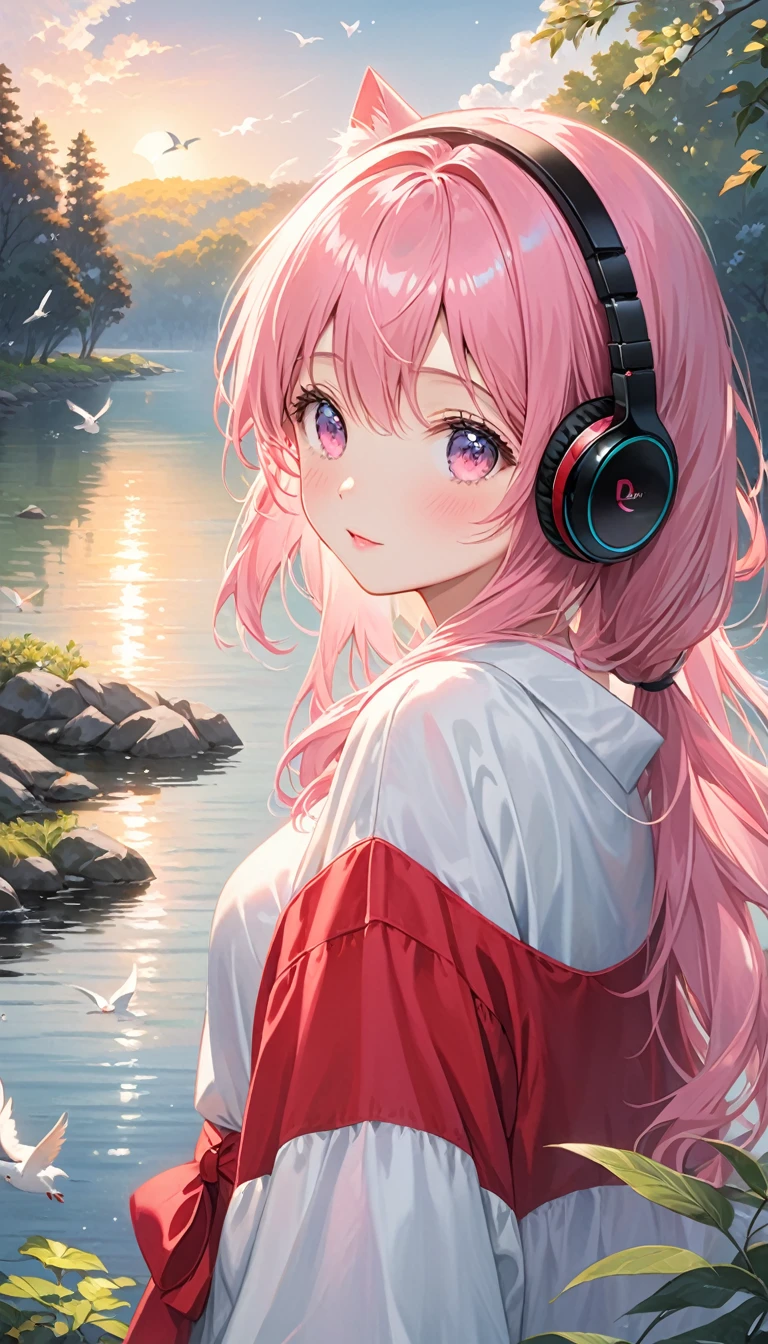 (super masterpiece　Highest quality　High Resolution Ultra HD) Lo-Fi Style、(anime)、(Woman wearing headphones with eyes open)、(Anatomically correct) 、Stylishな髪型で胸ぐらいの長さ、Her hair color is pink.、ブランド風Stylishな服装、evening、Forest and lakeside、Listening to music、Pet Cats、Mineral water、cute、Stylish、dim、Face zoom up、beautiful、dream-like、Birds are flying