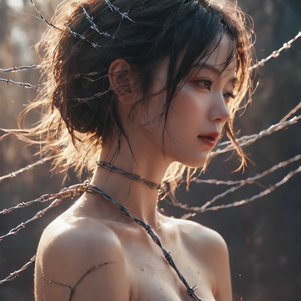 (!HORROR),best quality,high quality,highres,masterpiece,illustration,upper body,from the side,a beautiful girl,naked body,black hair,bangs,long straight hair,( barbed wire pull hair aggressively, barbed wires stabbing back:1.2),hurt yet happy,tears,INJURED,content expression,smiling,closed eyes,tied hands,shoulder scratch,bloody neck,skin tears,skin scratches,bruises,DEAD,pale skin,frozen in time,sharp barbed wires squeeze and wrap around body,{expressive},highly detailed,absurdres,deadly,sharp barbed wire,on neck,body,hands,shoulders,BREAK blood splatter,drops of blood stop motion,focus,BREAK (background:  large barbed wires, intertwined wires, sharp, dangerous, dark room, dimly lit,  Expressionism art, style of Joao Ruas, dark and muted colors, dark illuminance:1.3),shadows,huge barbed wires intricate,ultra detailed background blends with character creating disturbing yet beautiful imagery,chains gripping body in a disturbing way,hugging body in a fast motion,dust particles,horror aesthetic,cluster barbed wires everywhere,sleep