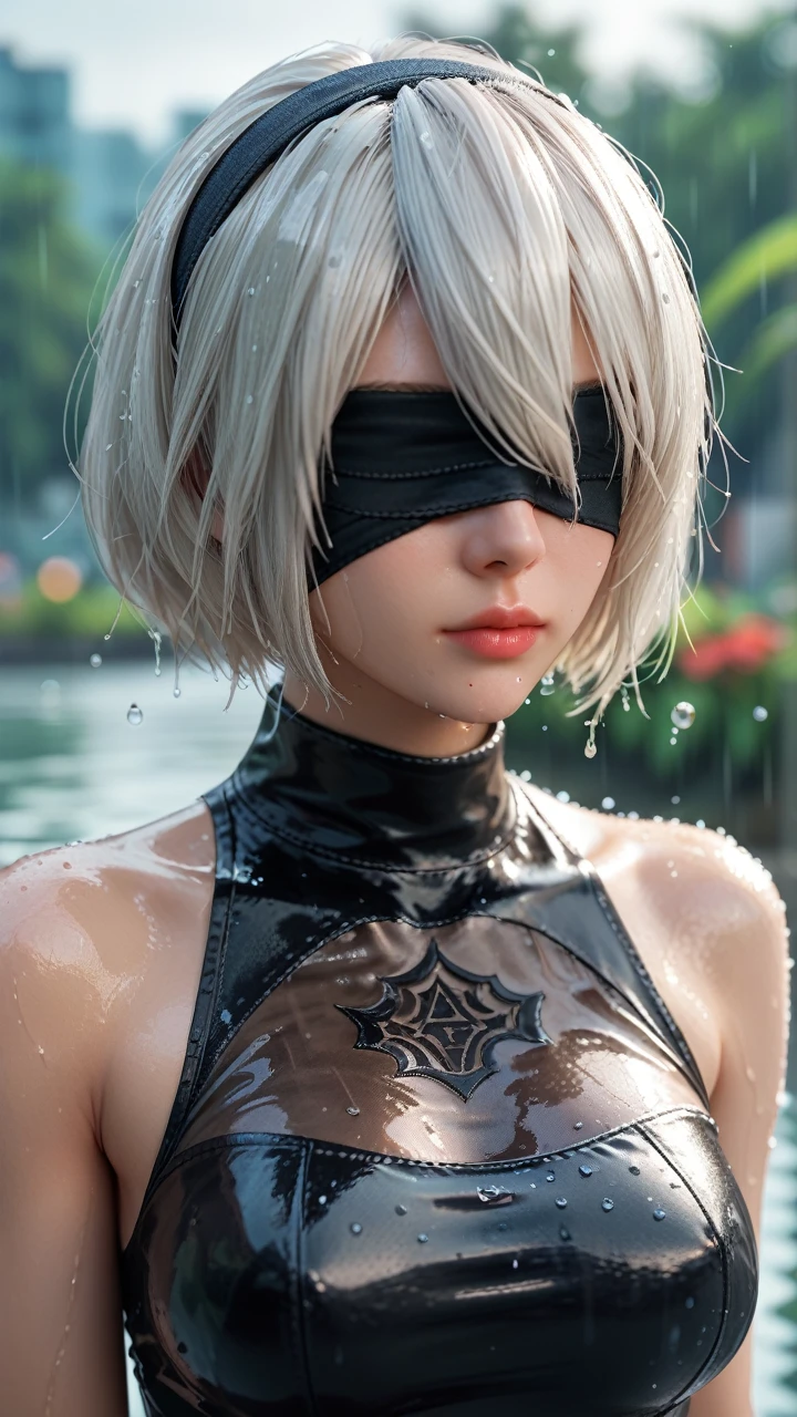 score_9, score_8_up, score_7_up, 1girl, solo, breasts, short hair, dress, bare shoulders, medium breasts, closed mouth, upper body, white hair, hairband, sleeveless, mole, blurry, black dress, lips, wet, depth of field, blurry background, turtleneck, phone, cellphone, black hairband, wet clothes, mole under mouth, facing viewer, smartphone, rain, water drop, blindfold, wet hair, covered eyes, black blindfold, yorha no. 2 type b