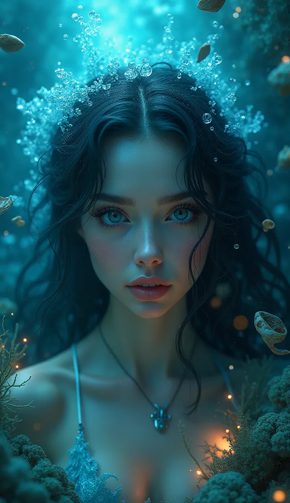 realistic,photorealistic,photo-realistic:1.37,(best quality,4k,8k,highres,masterpiece:1.2),ultra-detailed,extremely detailed eyes and face,longeyelashes,beautiful detailed eyes,beautiful detailed lips,1girl,siren,mermaid,ocean,underwater,waves,seashell,coral reef,glowing bioluminescent light,dramatic lighting,ethereal,fantasy,cinematic