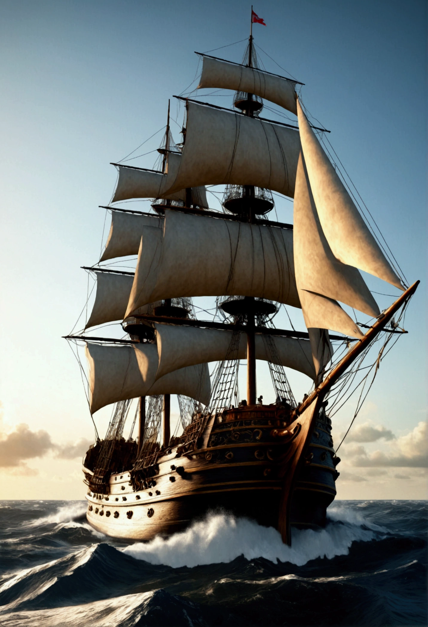 a majestic galleon sailing across the open ocean, rough seas, Montague-Dawson style, detailed ocean waves, dramatic clouds, golden sunlight, photorealistic, highly detailed, intricate textures, vivid colors, masterpiece, best quality, 8k