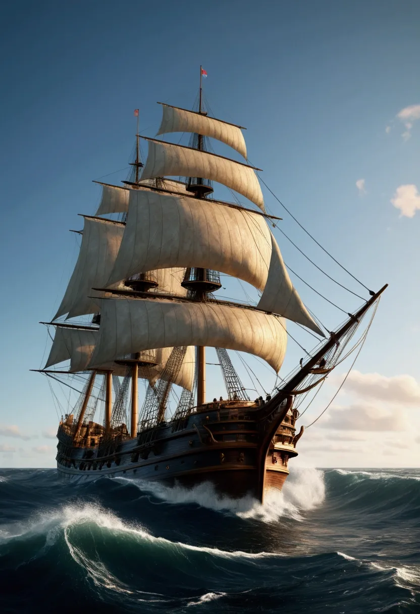 a majestic galleon sailing across the open ocean, rough seas, Montague-Dawson style, detailed ocean waves, dramatic clouds, golden sunlight, photorealistic, highly detailed, intricate textures, vivid colors, masterpiece, best quality, 8k