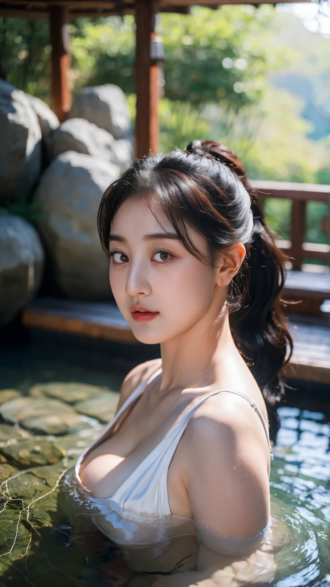 Photo, hyper realistic photo, 8K, ultra detail, onsen scenery background, photo of Jihyo TWICE, colossal breasts, stunning cleavage, curvy body, pale white skin, wearing Hinata clothes, ponytail hairstyle, looking at camera, sensual pose, focus on subject, bokeh background