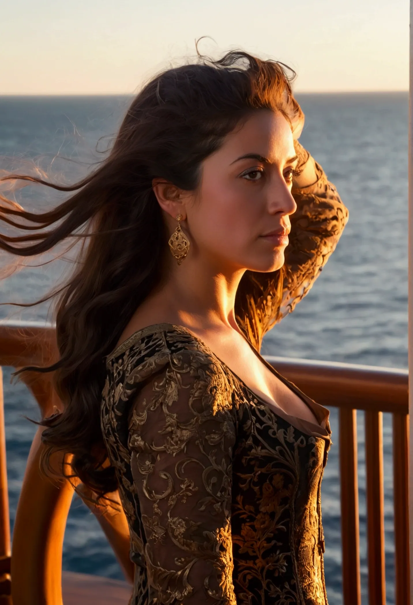 A 16th century Portuguese woman, a mature woman, a beautiful woman, a lonely expression as if waiting for someone, looking out at the sea from the castle walls, the wind blowing from the sea, the setting sun shining on her, the sky dyed pink,