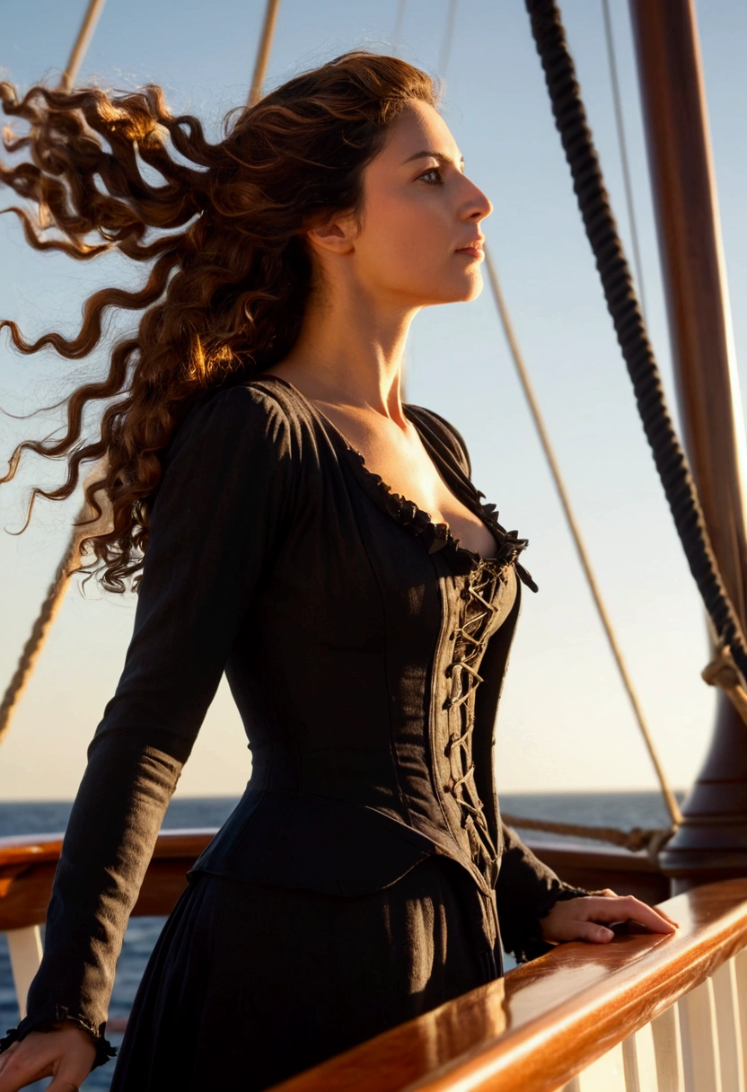 A beautiful Portuguese woman from the Age of Discovery, standing on the deck of a galleon, her hair fluttering in the wind, the setting sun shining in from the side at an angle, backlit and casting a shadow.