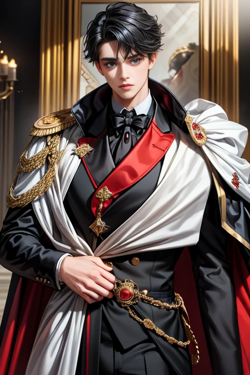 masterpiece, 最high quality, high quality, 1 boy, alone, Male focus, Upper Body,Watching the audience, Messy black hair, Adorable big blue eyes, White, Noble, Noble,A black and red cape that is bursting with sexy volume、Tuxedo、A very voluminous, large, very large, very large, long, long red and black cape with a high stand-up collar, made of a lot of fabric that reaches down to the floor., ,cute beautiful,Cute, cute, kind, handsome guy