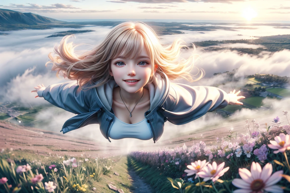 masterpiece, photorealistic:1, field of flowers, nature, scenery, outdoors, valley, kawai, beautiful 20 year old woman, , cute, smile, happy, blond_hair, jewelry, necklace, best quality, overcoat, large_breasts, bangs, mouth_open, dreamy, misty, sunset, flying in air, jumping