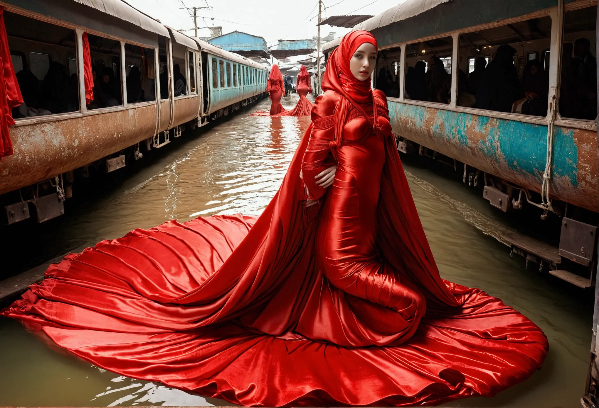 a woman shrouded in a 9-meter-long, plush red satin cloth, tightly bound and grandly draping along the form of her body, flowing...