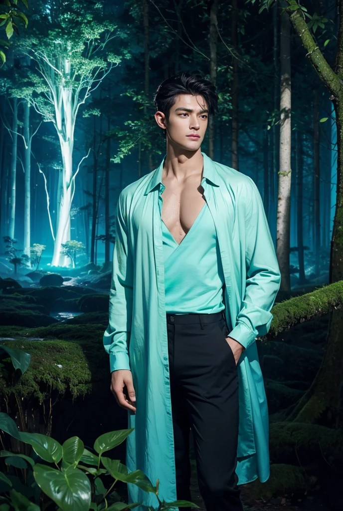 Oil painting of a strikingly tall handsome young man with a lean, muscular build stands in the heart of a mystical forest at twilight, solo, perfect facial features, smooth skin, a hot glow in his skin, sexy gaze, looking at the viewers romantically, sexy expression, sexy posture, short hairstyle, ((wearing (cyan color exquisite shirt) and black pants, jewellery), (open shirt showcasing chest and abs)), beautiful, gorgeous, wet, sensual, alluring, erotic, the mystical forest bathed in twilight, where towering ancient trees with twisted roots and glowing leaves create an otherworldly canopy, the ground is covered in soft moss and (bioluminescent mushrooms) that emit a gentle, ethereal light, faint (glowing orbs) float through the air, guiding the way deeper into the enchanted woods surrounding him, [magic:fantasy:mystical:1.5], digital painting, fine art, digital art, magical, mystical, ethereal, unique style, highly textured, intricate details, vibrant colors, (bioluminescence), absurdres, fantasy art, magic, surreal, symbolic, (oil painting:1.5), focus on the man, full length portrait,