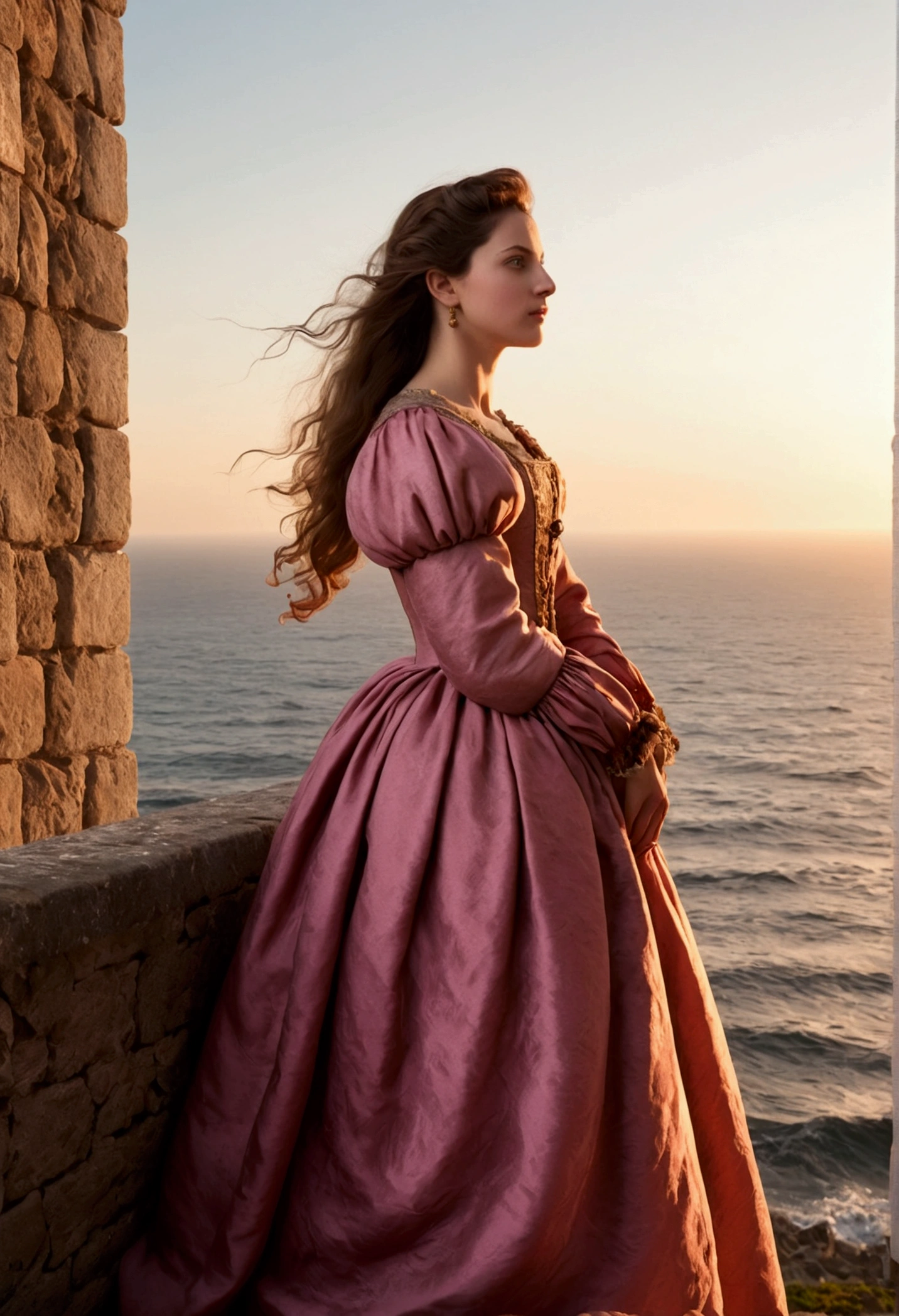 A 16th century Portuguese woman, a mature woman, a beautiful woman, a lonely expression as if waiting for someone, looking out at the sea from the castle walls, the wind blowing from the sea, the setting sun shining on her, the sky dyed pink,