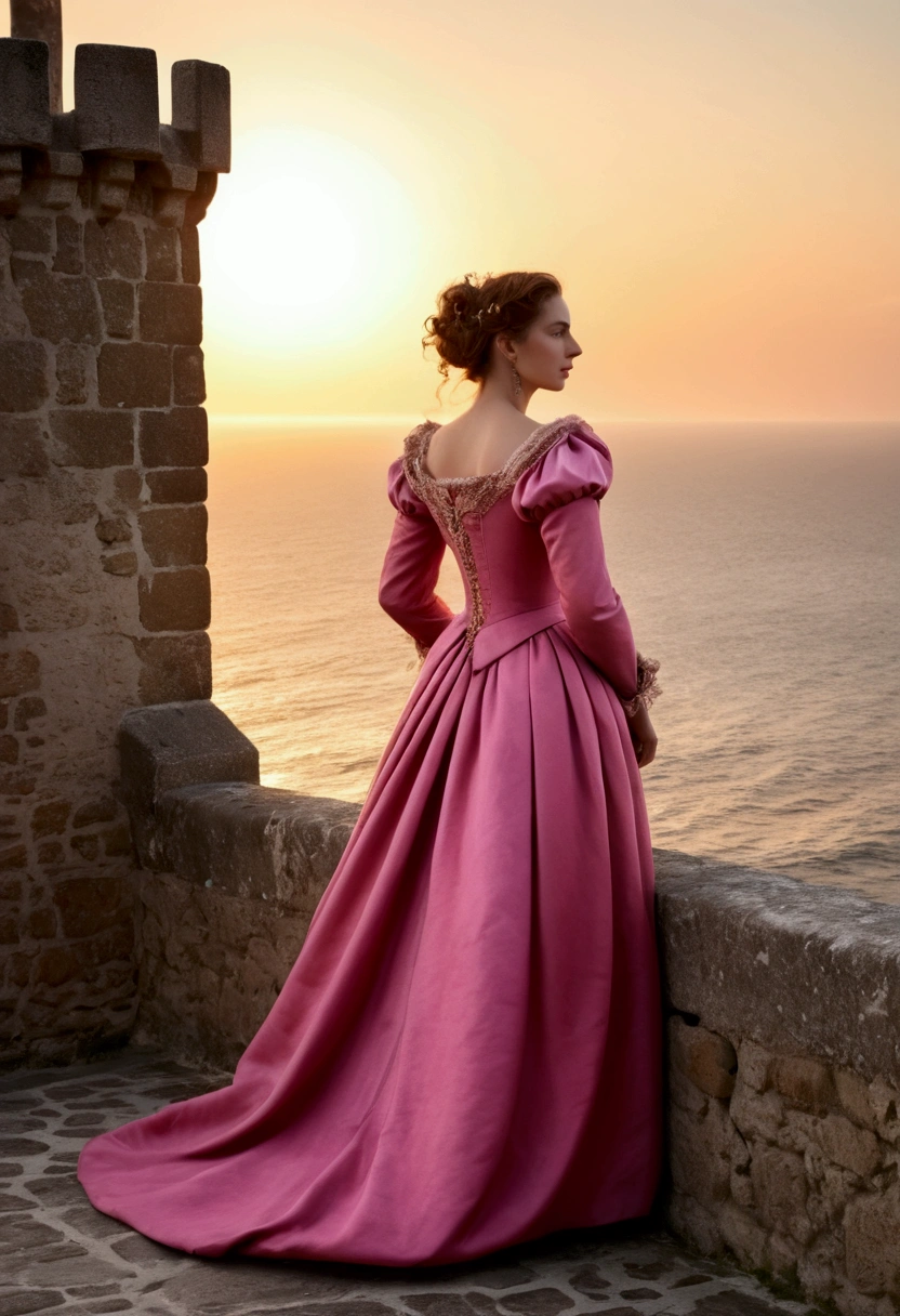 A 16th century Portuguese woman, a mature woman, a beautiful woman, a lonely expression as if waiting for someone, looking out at the sea from the castle walls, the wind blowing from the sea, the setting sun shining on her, the sky dyed pink,