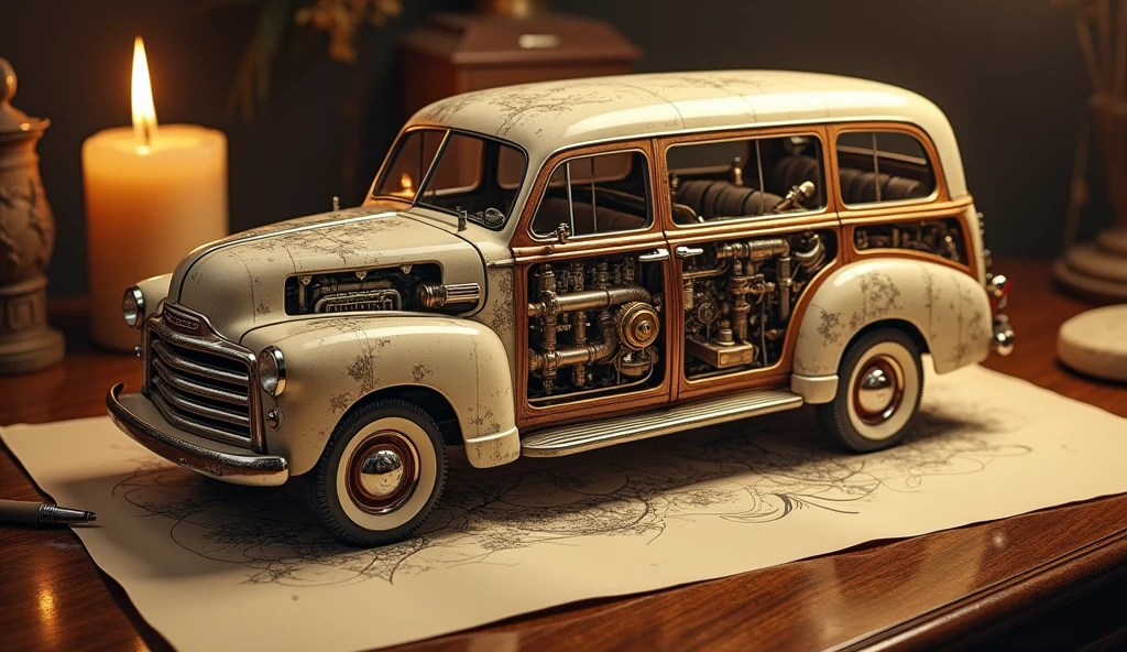 sepia anatomysketch of a steampunk 1952 GMC suburban, highly detailed. The sketch is placed on a wooden desktop lit by a candle