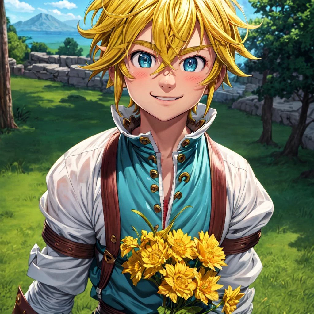 masterpiece, best quality, ultra-detailed, illustration, 1boy, solo, male focus, looking at viewer, upper body, , meliodas_nanatsu_no_taizai, blonde hair, blu eyes, jacketBlue eyes, Blonde Hair, without a shirtBlush, Smile, 