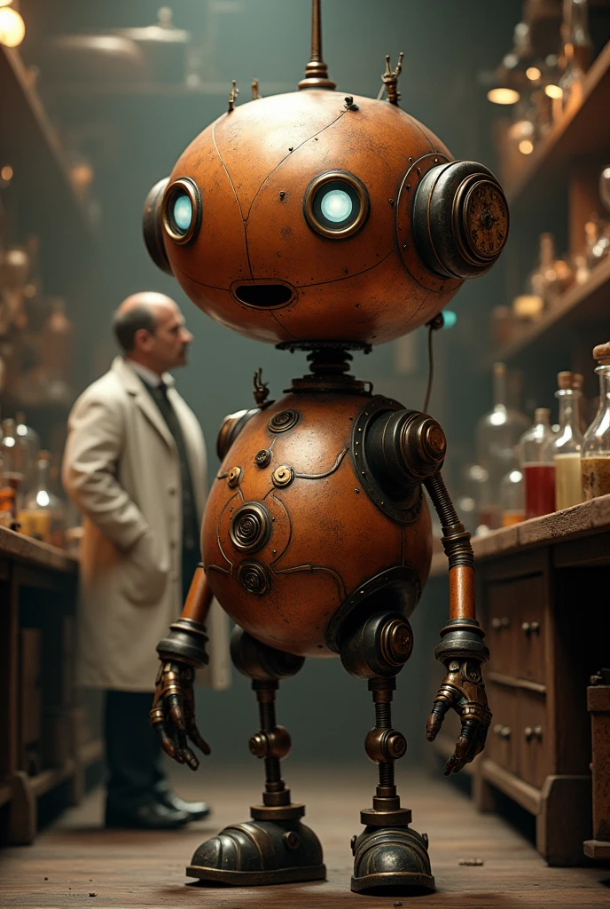 a funny robot, created by a 19th century inventor, round and funny face, copper-colored body, standing in a laboratory, inventor's doctor beside him, dimly lit room, sepia toned, high quality, 8k, detailed, photorealistic, cinematic lighting, intricate details, mechanical gears, steam punk style, vintage laboratory, scientific instruments, glass jars, wood and brass accents, moody atmosphere, dramatic shadows