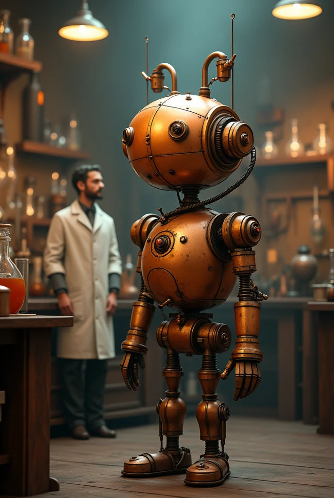 a funny robot, created by a 19th century inventor, round and funny face, copper-colored body, standing in a laboratory, inventor's doctor beside him, dimly lit room, sepia toned, high quality, 8k, detailed, photorealistic, cinematic lighting, intricate details, mechanical gears, steam punk style, vintage laboratory, scientific instruments, glass jars, wood and brass accents, moody atmosphere, dramatic shadows