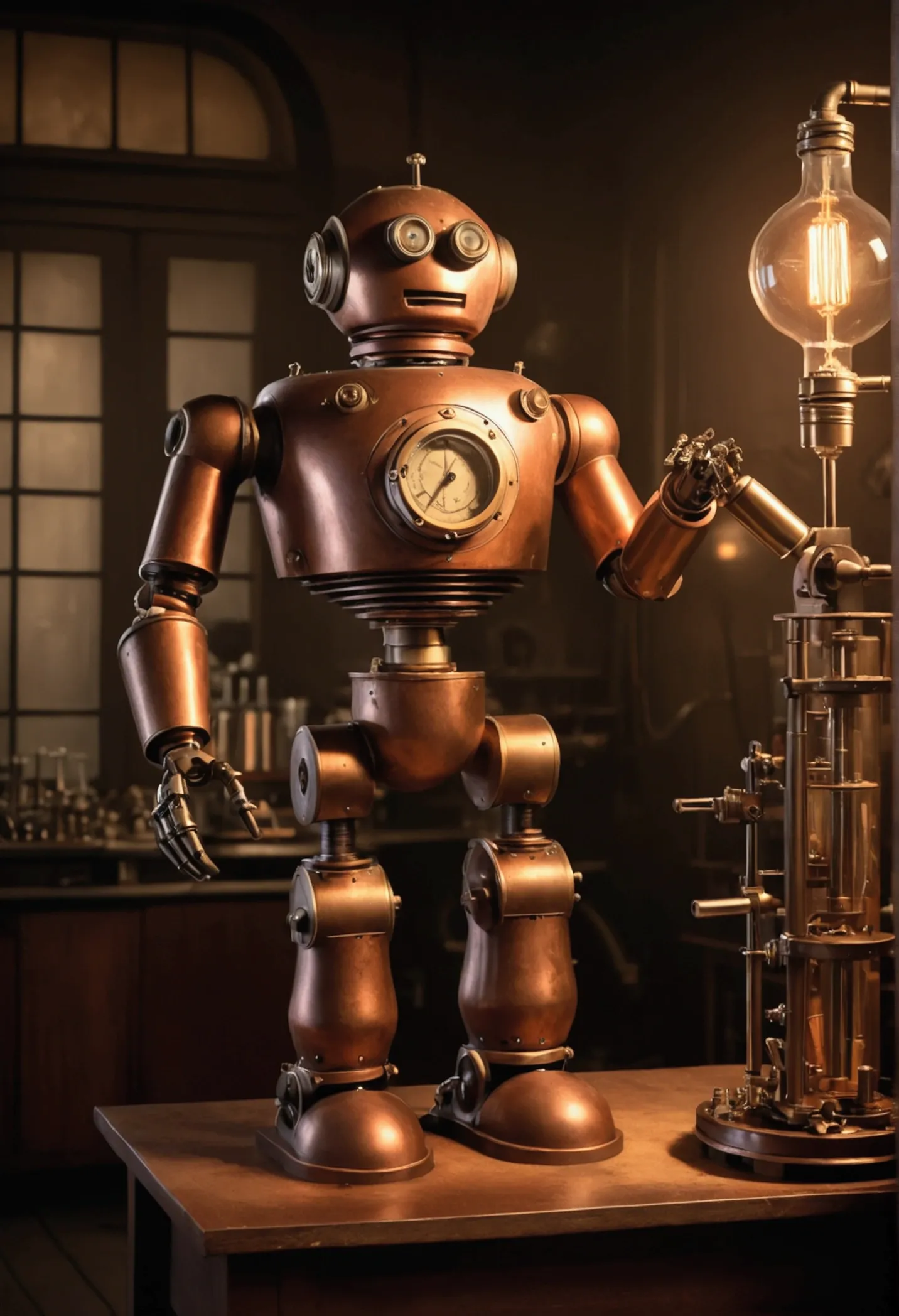 a funny robot, created by a 19th century inventor, round and funny face, copper-colored body, standing in a laboratory, inventor's doctor beside him, dimly lit room, sepia toned, high quality, 8k, detailed, photorealistic, cinematic lighting, intricate details, mechanical gears, steam punk style, vintage laboratory, scientific instruments, glass jars, wood and brass accents, moody atmosphere, dramatic shadows