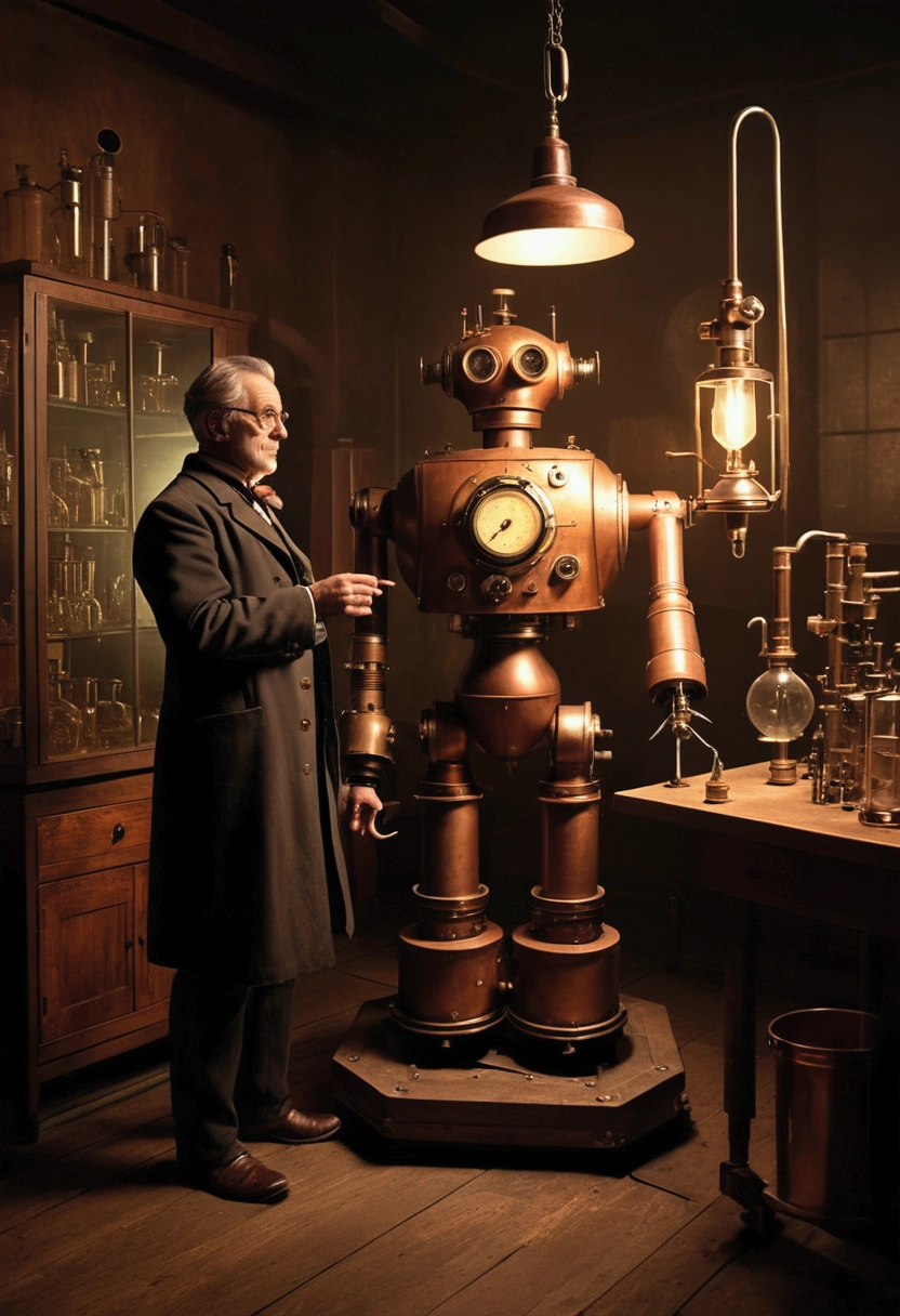 a funny robot, created by a 19th century inventor, round and funny face, copper-colored body, standing in a laboratory, inventor's doctor beside him, dimly lit room, sepia toned, high quality, 8k, detailed, photorealistic, cinematic lighting, intricate details, mechanical gears, steam punk style, vintage laboratory, scientific instruments, glass jars, wood and brass accents, moody atmosphere, dramatic shadows