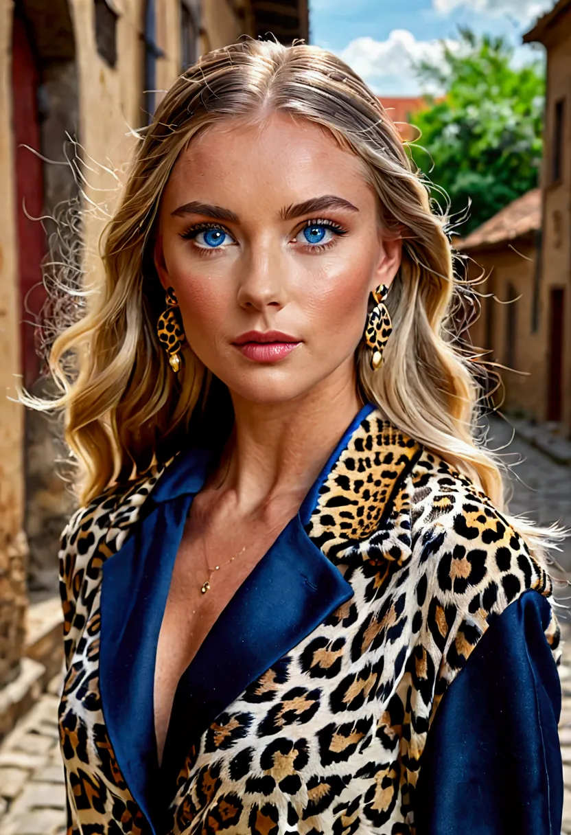 (8 k, raw photo, best quality, masterpiece:1.2), realistic photo, младенец с leopardом на поводке，blue eyes, leopard, clothing m...