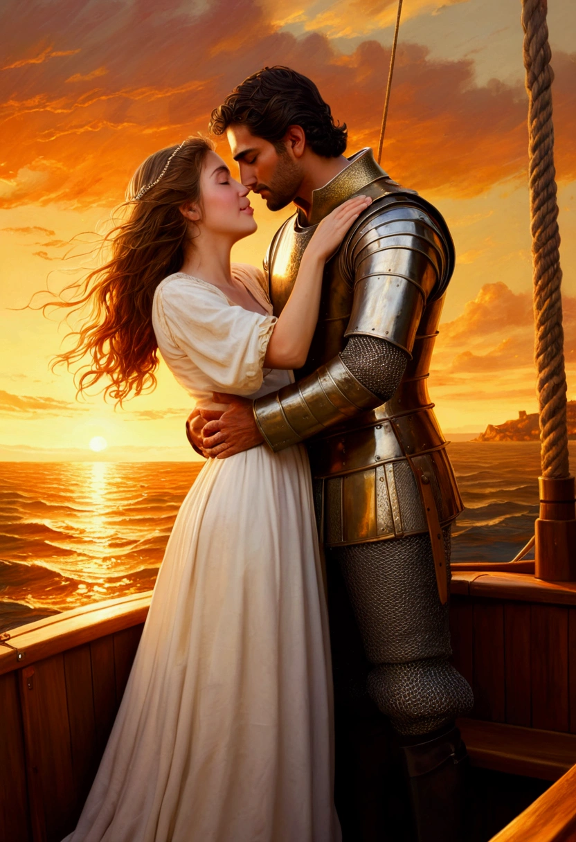 A couple embracing on a boat in medieval Spain, the wind blowing, golden sunset shimmering, romantic, intricate detailed painting, highly realistic, photorealistic, 8K, masterpiece, dramatic lighting, lush environment, cinematic composition, warm color palette, chiaroscuro, oil painting, impasto texture, expressive brushstrokes