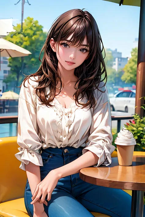 outdoor terrace of an urban cafe、sunny day、a sophisticated woman in her late twenties sits at a table。she has long black hair、we...