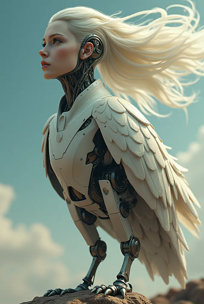 Super realistic, Cinema 4D rendering, Hybrid robot between Bird and Human, The body, legs, wings are a bird robot, no arm, Only head is a cute lady with long hair, perspective view