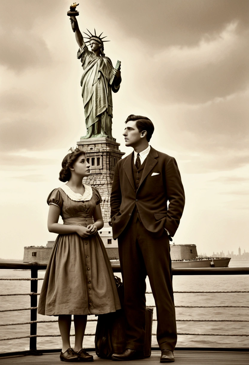 Manhattan, New York, 1892. A middle-aged Irish couple looking up at the Statue of Liberty from the deck of an immigrant ship. Their expressions are a mixture of hope and anxiety. Sepia-toned, high-definition, realistic, detailed.