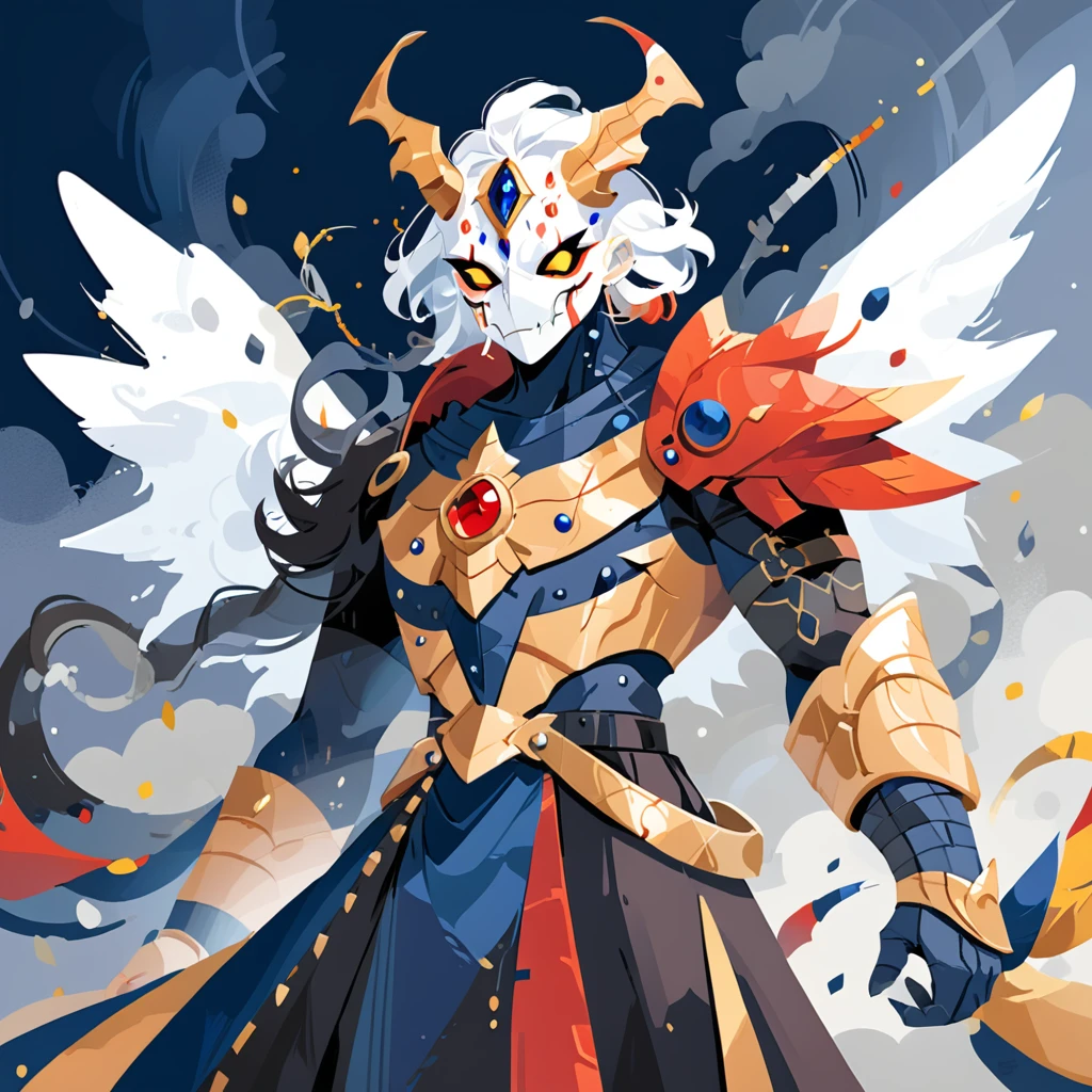 J_illustration, apocalymon with dark-blue gold silver  black and red color palette 
