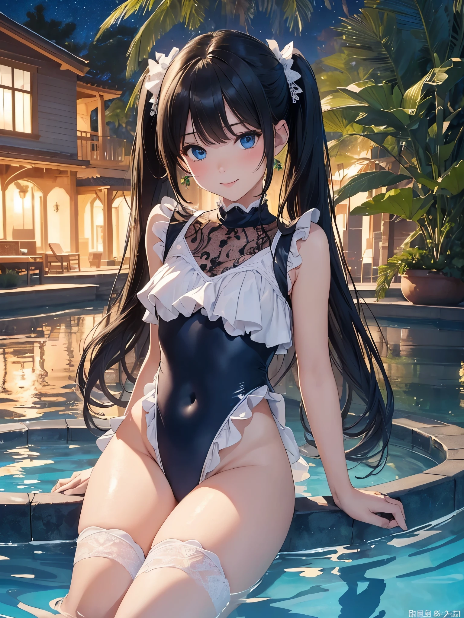 ((masterpiece)), ((highest quality、Ultra high definition)), (Very detailed),(8k、Photo quality)、((Amazingly cute girl)),1 girl)), Two people, , (Beautiful emerald blue eyes), ((smile、Small breasts)),In the open-air bath overlooking the sea, Beautifully arranged black hair in twin tails、Slim Body、((Cute swimsuit with lace and frills))、Professional Lighting、(White lace knee-highore detailed and beautiful)、(More details and cutenesore realistic)、((Just wear light clothing))、Frolic in the pool、(unbelievably cute)、(A cute pose)、((Night view))、(Have a drink to stay hydrated)、(Taking a shower)、(Low angle close up on knee)、(The silhouette of the genitals is visible)、スケスケ、