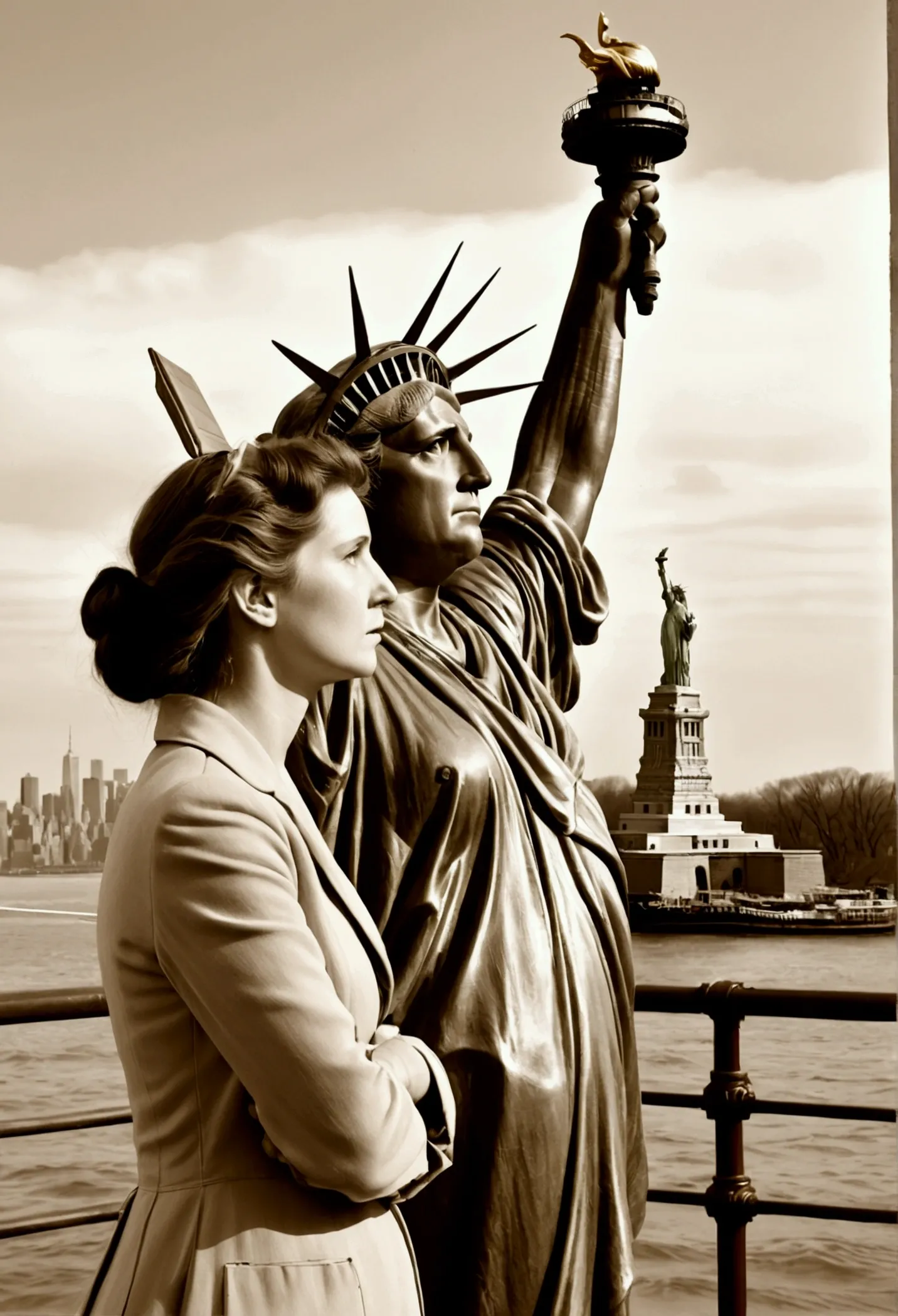 Manhattan, New York, 1892. A middle-aged Irish couple looking up at the Statue of Liberty from the deck of an immigrant ship. Their expressions are a mixture of hope and anxiety. Sepia-toned, high-definition, realistic, detailed.