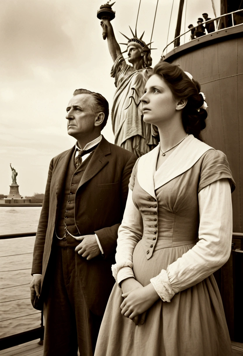 Manhattan, New York, 1892. A middle-aged Irish couple looking up at the Statue of Liberty from the deck of an immigrant ship. Their expressions are a mixture of hope and anxiety. Sepia-toned, high-definition, realistic, detailed.