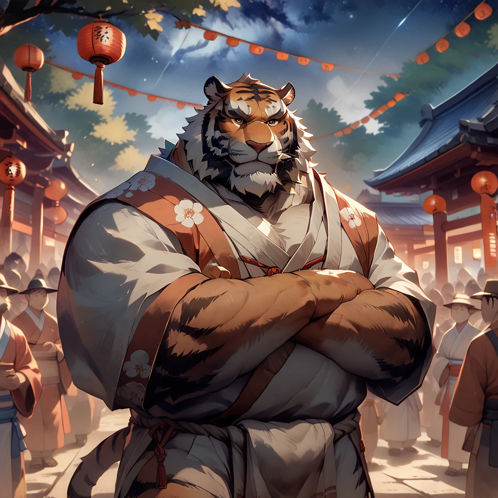 ((whole body)), summer festival, (fundoshi), ((plump middle-aged tiger man)), standing, arms rised in the air, ((brown eyes)), one eye closed, beautiful beard, (male face), (big face:0.5), square jawline, (Male Eyes:1.2), (sharp eyes:0.8), (big eyes:0.5), male eyebrows, (innocent look:0.5), fluffy body, BREAK starry sky, shrine, highly detailed,