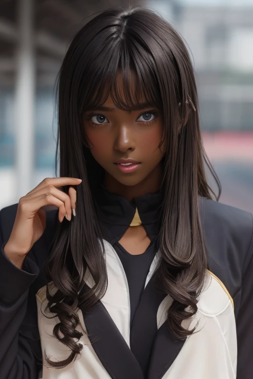 (((( one girl )))), Put your hand over your mouth、Beautiful breasts、 Brown eyes, ((Gal Hairstyles)) blonde, girl, (Eye and facial details:1.0), break, (masterpiece, Highest quality, Very detailed, Detailed face, 8k),( dark skin:1.9 ), (((( track and field uniform )))),( open mouth )